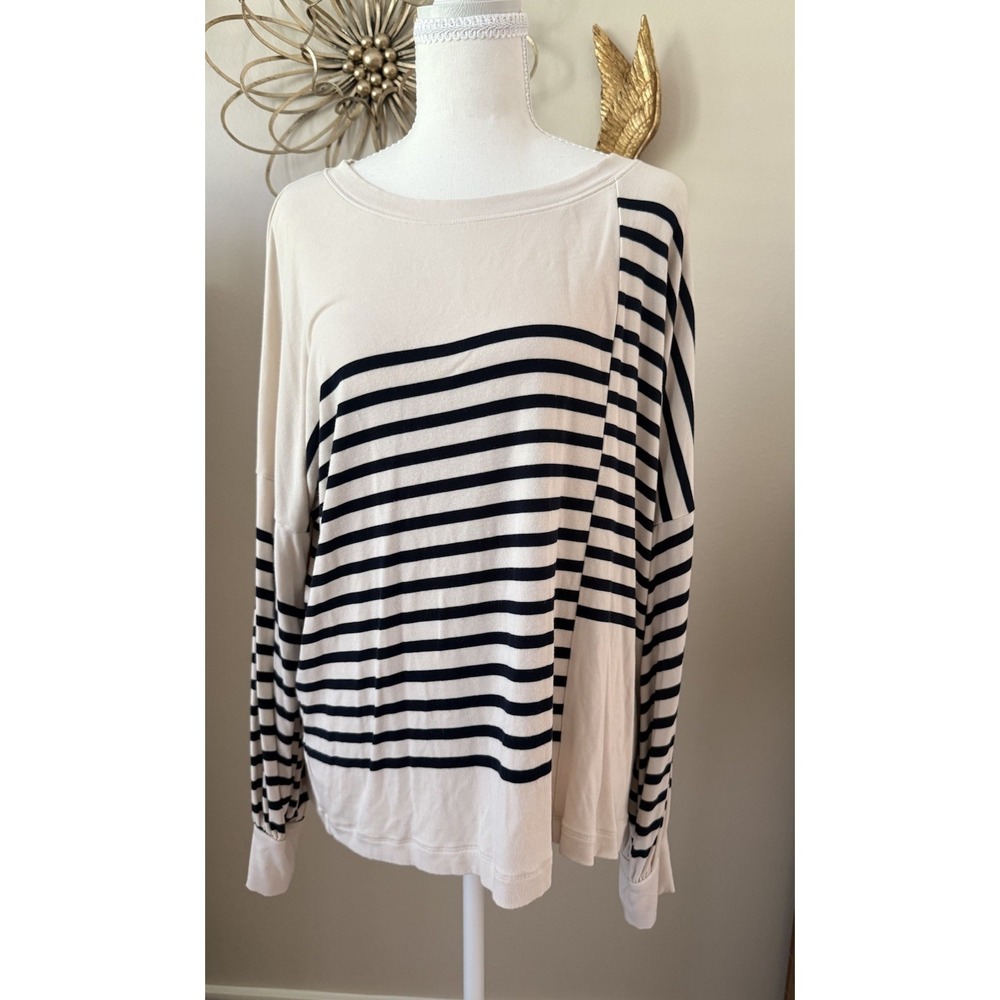 Cabi Medium Striped Dolman Sleeve Top Black Ivory Relaxed Nautical Pullover
